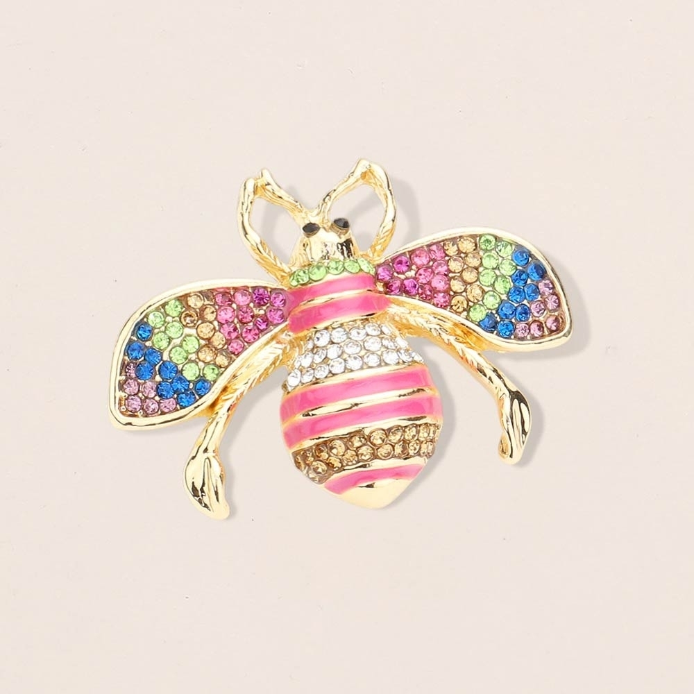Gold Pink Stripe Rhinestone Crystal Honey Bee Brooch Pin Fashion Accessories
